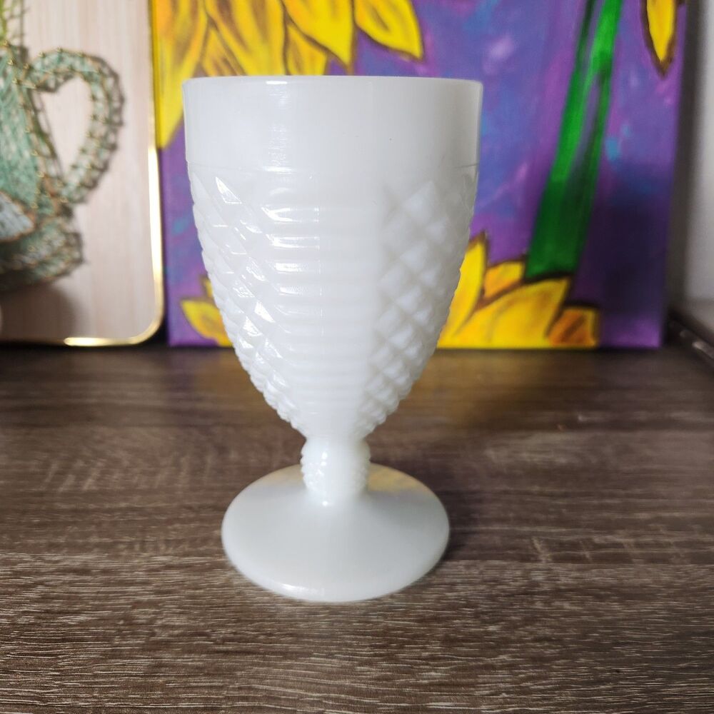 Vintage White Milk Glass Goblet Diamond Cut Ladder Pattern Water Wine Glass